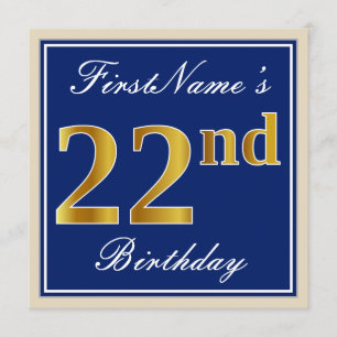 Invitation Elégant, Bleu, Faux Or 22ème Anniversaire + Nom