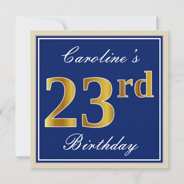 Invitation Elégant, Bleu, Faux Or 23ème Anniversaire + Nom (Devant)