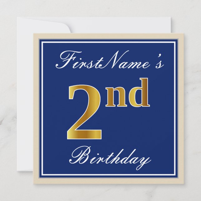 Invitation Elégant, Bleu, Faux Or 2e anniversaire; Nom person (Devant)