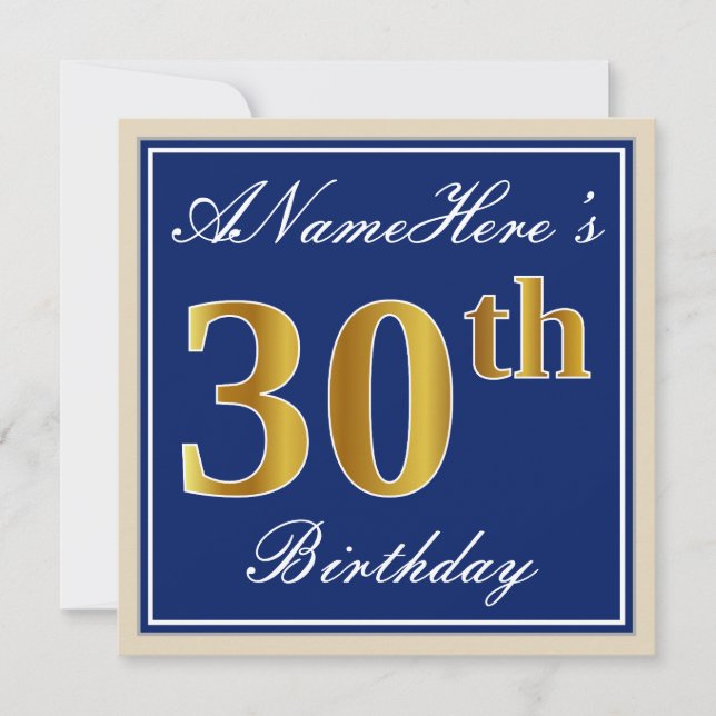 Invitation Elégant, Bleu, Faux Or 30ème Anniversaire + Nom (Devant)