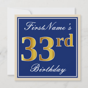 Invitation Elégant, Bleu, Faux Or 33ème Anniversaire + Nom