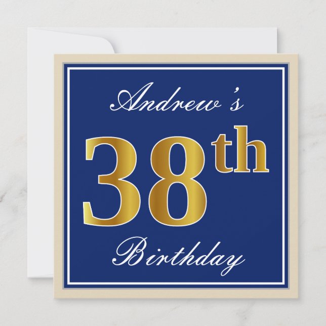 Invitation Elégant, Bleu, Faux Or 38ème Anniversaire + Nom (Devant)