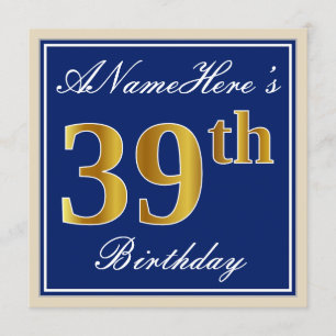 Invitation Elégant, Bleu, Faux Or 39ème Anniversaire + Nom