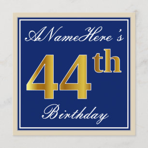 Invitation Elégant, Bleu, Faux Or 44ème Anniversaire + Nom