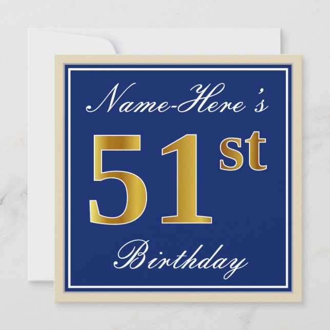 Invitation Elégant, Bleu, Faux Or 51ème Anniversaire + Nom (Devant)