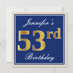 Invitation Elégant, Bleu, Faux Or 53ème Anniversaire + Nom