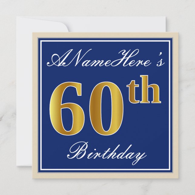 Invitation Elégant, Bleu, Faux Or 60ème Anniversaire + Nom (Devant)