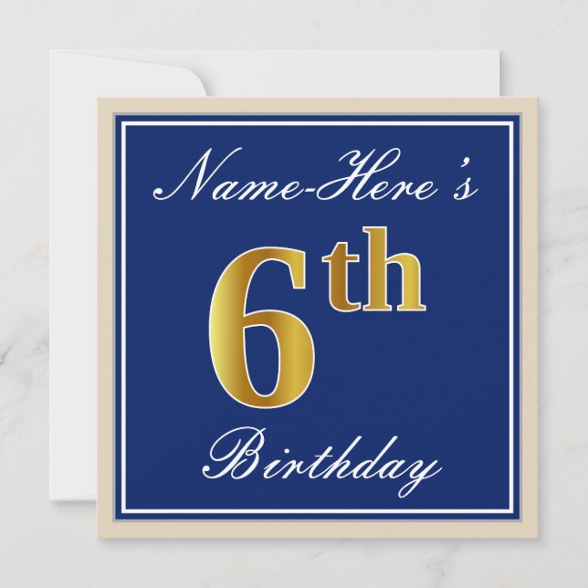 Invitation Elégant, Bleu, Faux Or 6e anniversaire; Nom person (Devant)