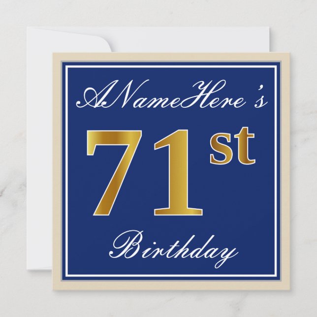 Invitation Elégant, Bleu, Faux Or 71ème Anniversaire + Nom (Devant)