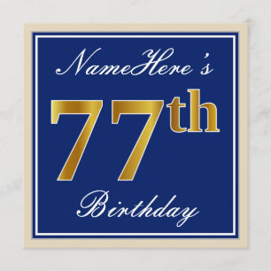Invitation Elégant, Bleu, Faux Or 77ème Anniversaire + Nom