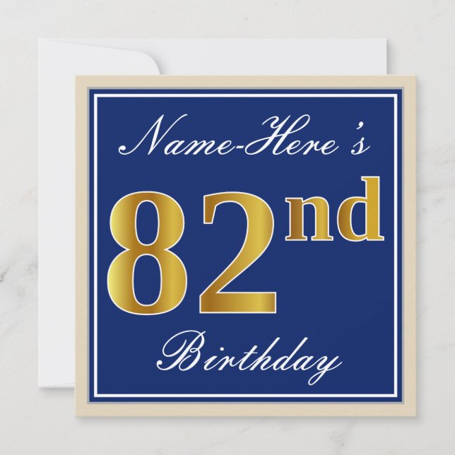 Invitation Elégant, Bleu, Faux Or 82ème Anniversaire + Nom (Devant)