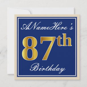 Invitation Elégant, Bleu, Faux Or 87ème Anniversaire + Nom