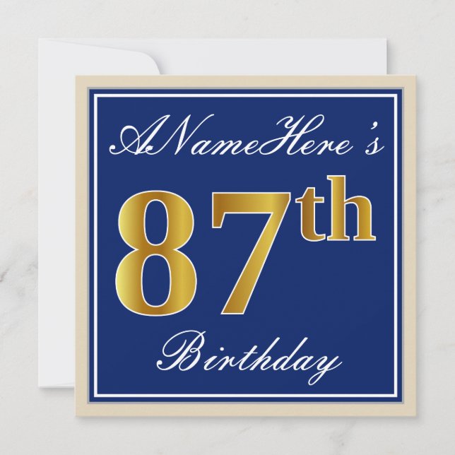 Invitation Elégant, Bleu, Faux Or 87ème Anniversaire + Nom (Devant)