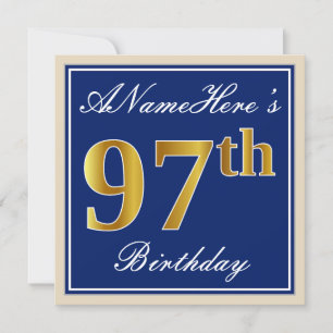 Invitation Elégant, Bleu, Faux Or 97ème Anniversaire + Nom