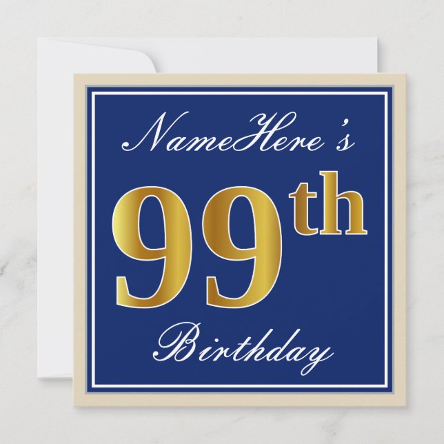Invitation Elégant, Bleu, Faux Or 99ème Anniversaire + Nom (Devant)