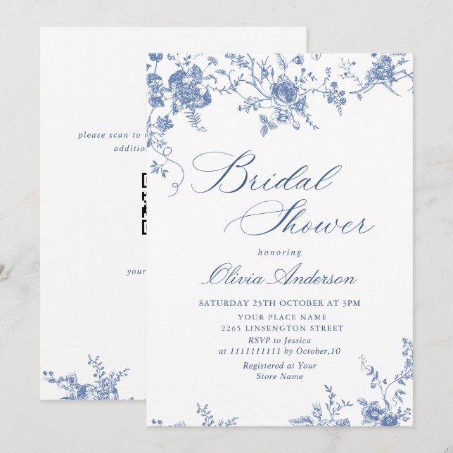 Invitation Elégant bleu FÊTE DES MARIÉES jardin français code (Devant / Derrière)