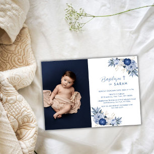 Invitation Elégant bleu Fleur photo Croix Baptême