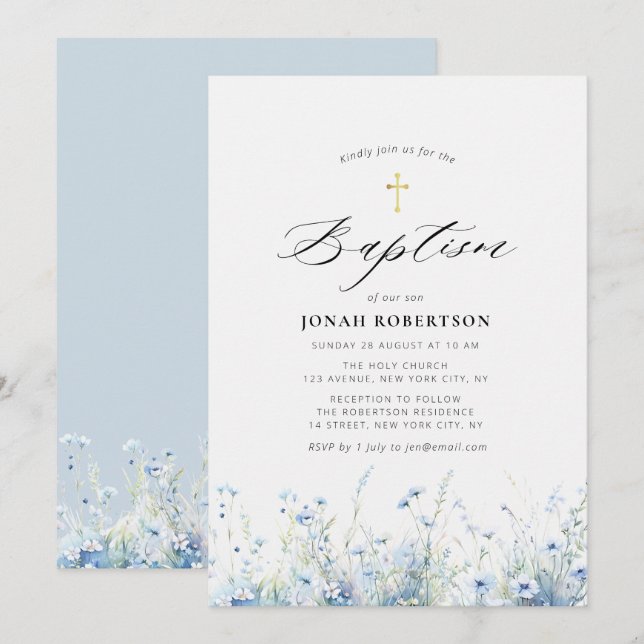 Invitation Elégant bleu fleurs baptême (Devant / Derrière)