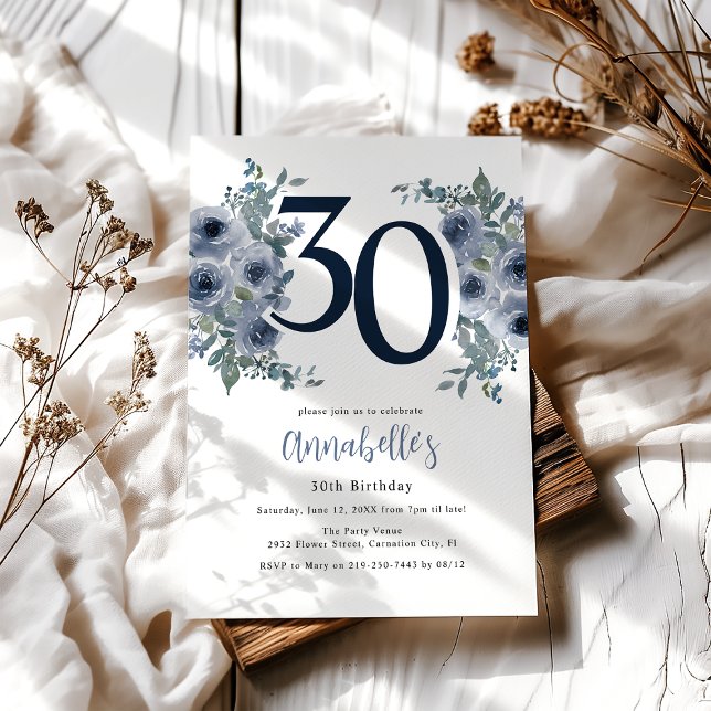 Invitation Elégant bleu floral 30e anniversaire (Créateur téléchargé)