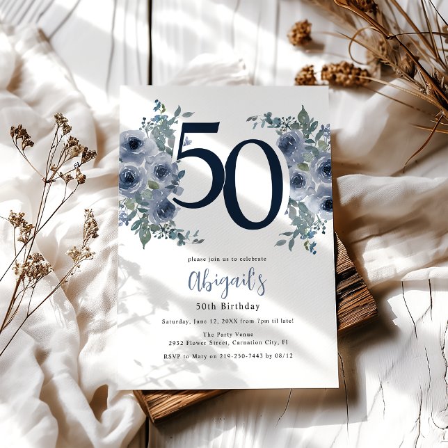 Invitation Elégant bleu floral 50e anniversaire (Créateur téléchargé)