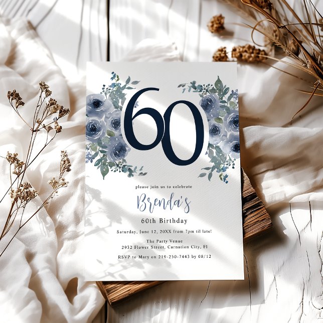 Invitation Elégant bleu floral 60e anniversaire (Créateur téléchargé)