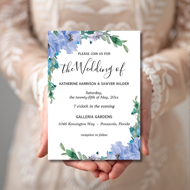 Invitation Elégant bleu Floral Aquarelle Boho Mariage (Créateur téléchargé)