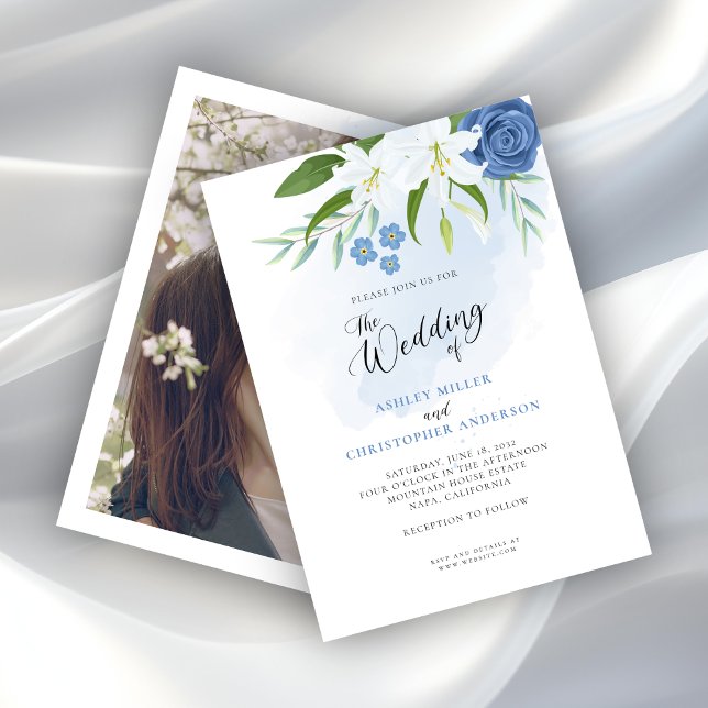 Invitation Elégant bleu floral aquarelle photo (Créateur téléchargé)