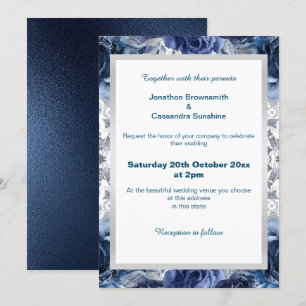 INVITATION ÉLÉGANT BLEU FLORAL ARGENT TRIM MARIAGE