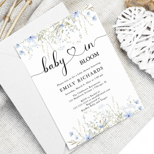 Invitation Elégant bleu floral Baby in Bloom baby shower (Créateur téléchargé)