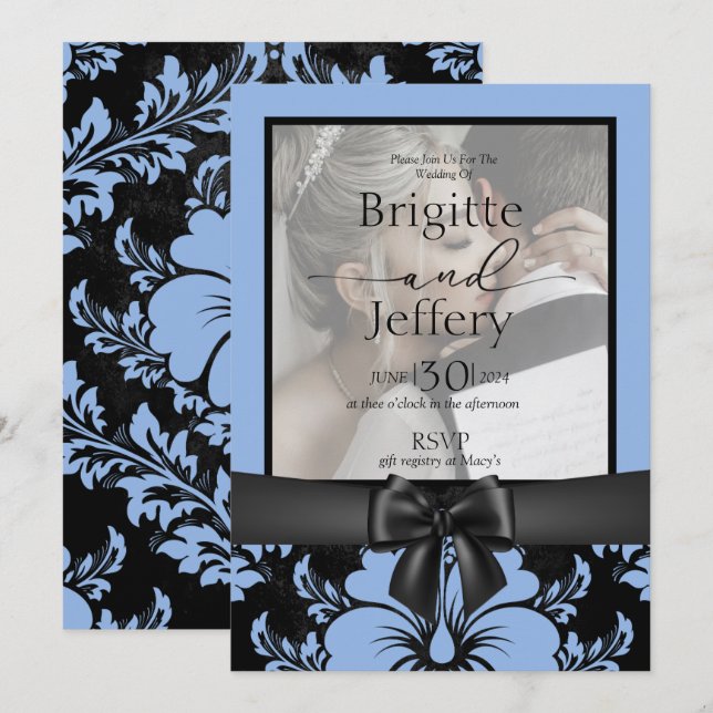 Invitation Élégant bleu floral mariage à sauver la date  (Devant / Derrière)