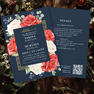 Invitation Élégant bleu floral Mariage musulman QR Code