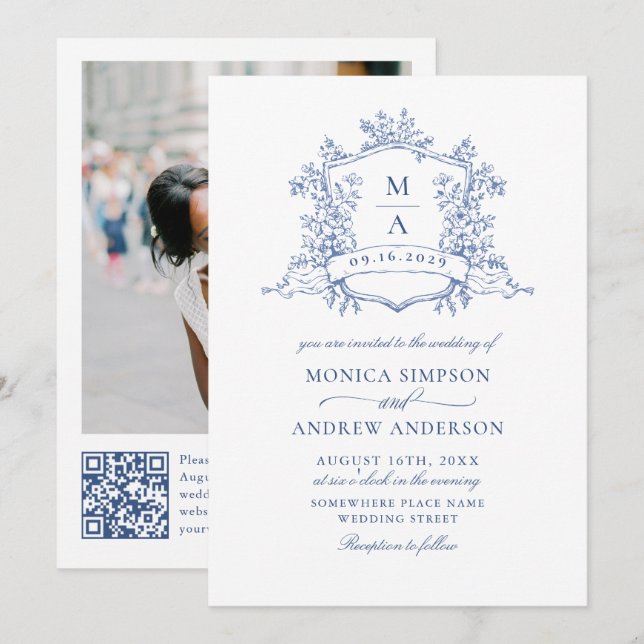 Invitation Elégant bleu Français Garden Mariage Photo Code QR (Devant / Derrière)