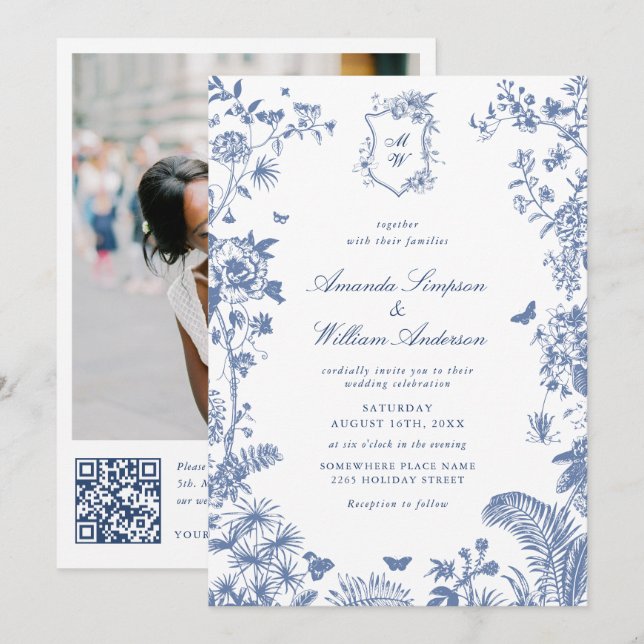 Invitation Elégant bleu Français Garden Mariage Photo Code QR (Devant / Derrière)