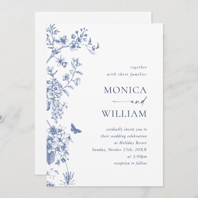 Invitation Elégant bleu Français Garden Wedding Code QR (Devant / Derrière)