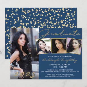 Invitation Élégant Bleu Gold Script 4 Photo Graduate