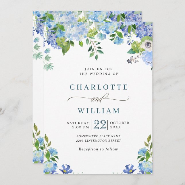 Invitation Elégant bleu Hydrangea Aquarelle Mariage de verdur (Devant / Derrière)