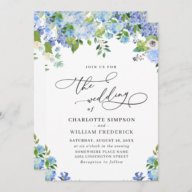 Invitation Elégant bleu Hydrangea Aquarelle Mariage de verdur (Devant / Derrière)