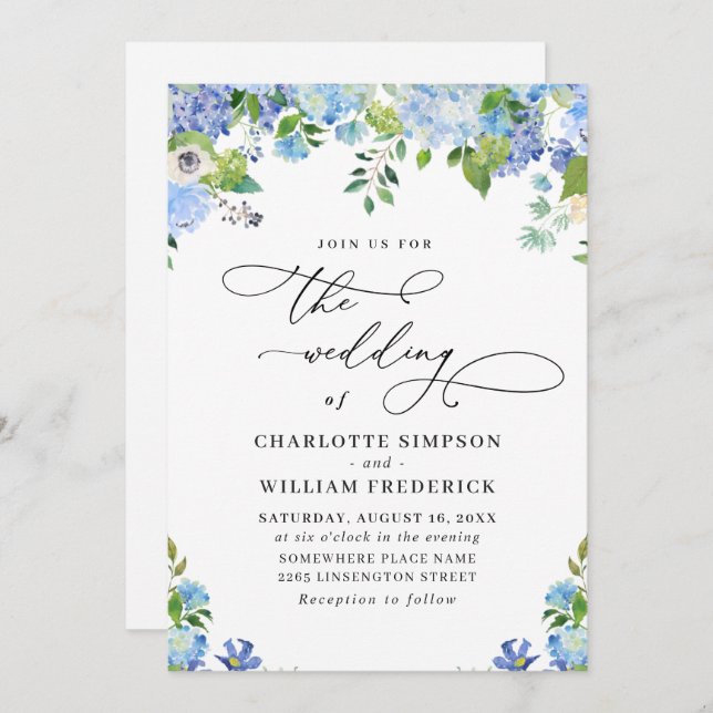Invitation Elégant bleu Hydrangea Aquarelle Mariage de verdur (Devant / Derrière)