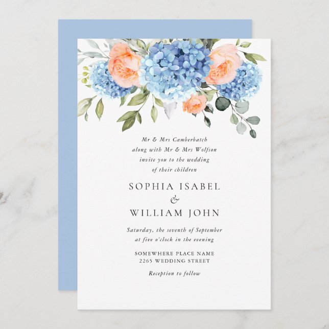 Invitation Elégant bleu Hydrangea Blush rose Roses Mariage (Devant / Derrière)