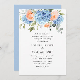 Invitation Elégant bleu Hydrangea Blush rose Roses Mariage