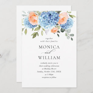 Invitation Elégant bleu Hydrangea Blush rose Roses Mariage