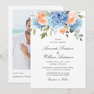 Invitation Elégant bleu Hydrangea Blush rose Roses Mariage