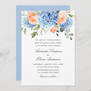 Invitation Elégant bleu Hydrangea Blush rose Roses Mariage