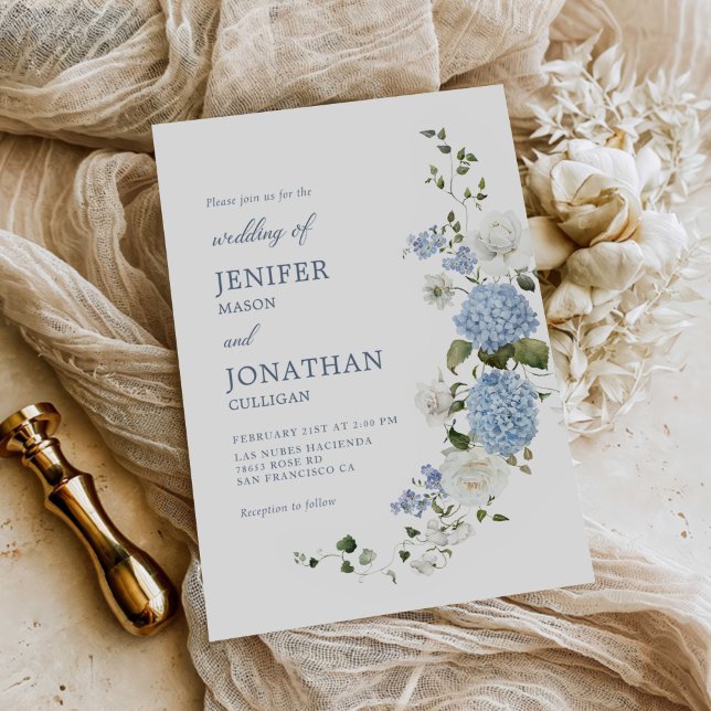 Invitation Elégant bleu Hydrangea Roses blanches Mariage flor (Créateur téléchargé)