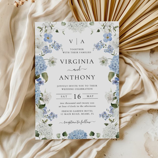 Invitation Elégant bleu Hydrangea Roses blanches Mariage flor (Créateur téléchargé)