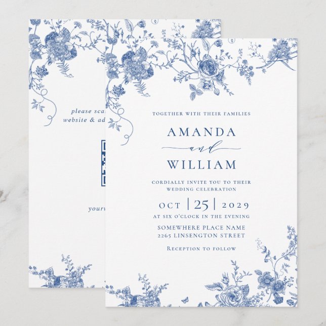 Invitation Elégant bleu Jardin Français Floral Mariage QR cod (Devant / Derrière)