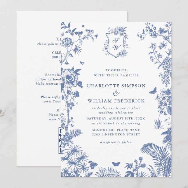 Invitation Elégant Bleu Jardin Français Mariage tout en un (Devant / Derrière)