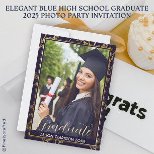 Invitation Élégant Bleu Lycée Graduate 2025 Photo Party