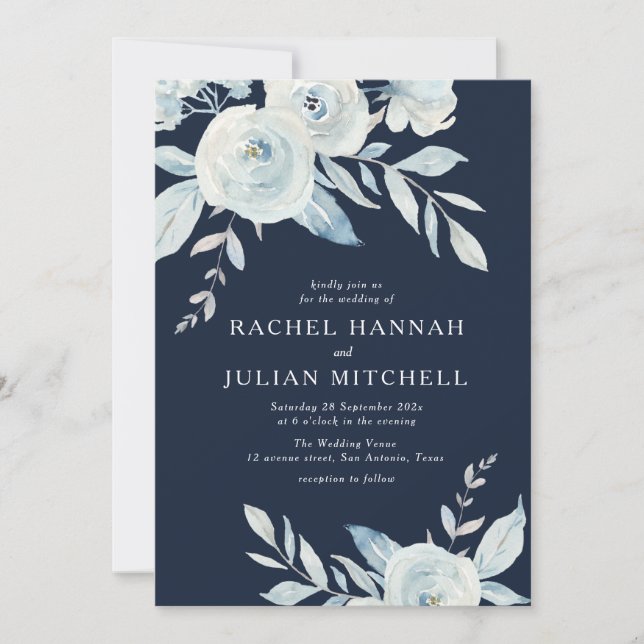 Invitation Elégant bleu marine aquarelle mariage (Devant)
