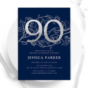 Invitation Elégant bleu marine Argent 90e anniversaire
